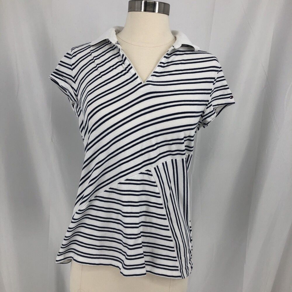 Tommy Hilfiger Women's M Navy/White Striped Cotton Knit V-Neck Polo